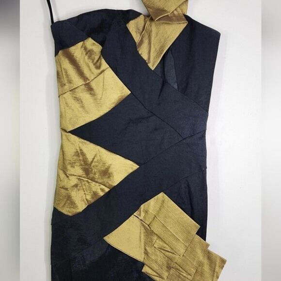 Cache VTG 80s Bodycon Dress Women’s 2 Origami One Shoulder Black Gold - Picture 2 of 5